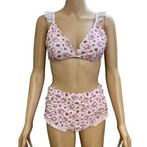 Hot Topic Strawberry Milk Heart Print Bikini Set S/M Pink Ruffle Coquette Lolita